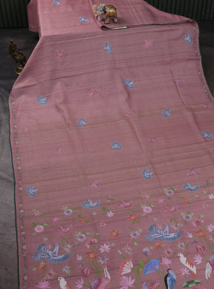 Pastel Peach Pink Tussar Embroidery Silk Saree