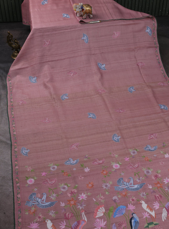 Pastel Peach Pink Tussar Embroidery Silk Saree