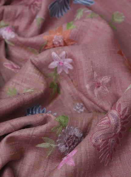 Pastel Peach Pink Tussar Embroidery Silk Saree