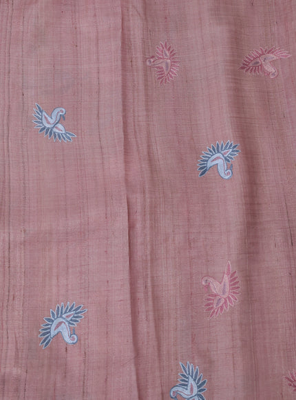 Pastel Peach Pink Tussar Embroidery Silk Saree