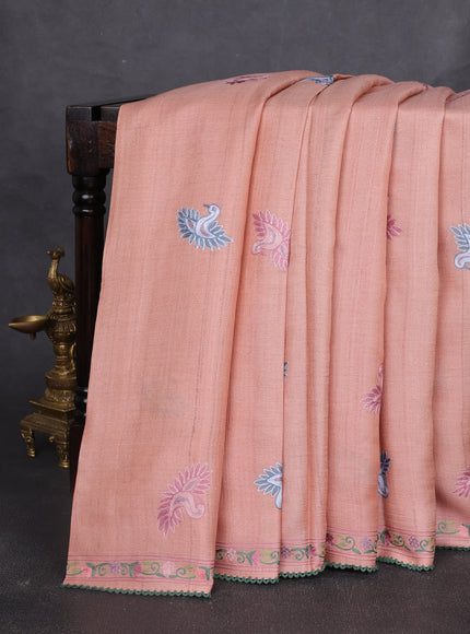 Peach Tussar Embroidery Silk Saree