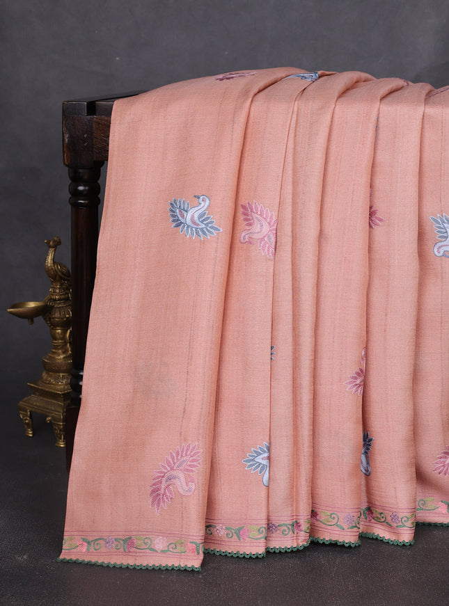 Peach Tussar Embroidery Silk Saree