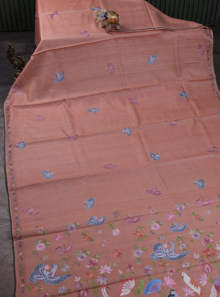 Peach Tussar Embroidery Silk Saree