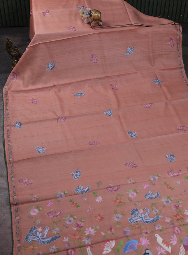Peach Tussar Embroidery Silk Saree