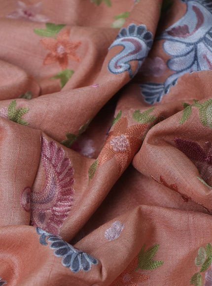 Peach Tussar Embroidery Silk Saree