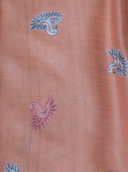 Peach Tussar Embroidery Silk Saree
