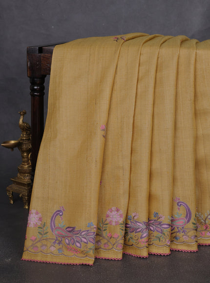 Yellow Tussar Embroidery Silk Saree