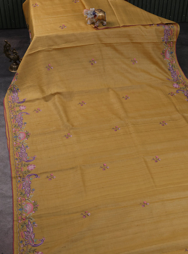 Yellow Tussar Embroidery Silk Saree