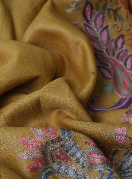Yellow Tussar Embroidery Silk Saree