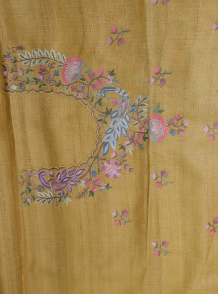 Yellow Tussar Embroidery Silk Saree