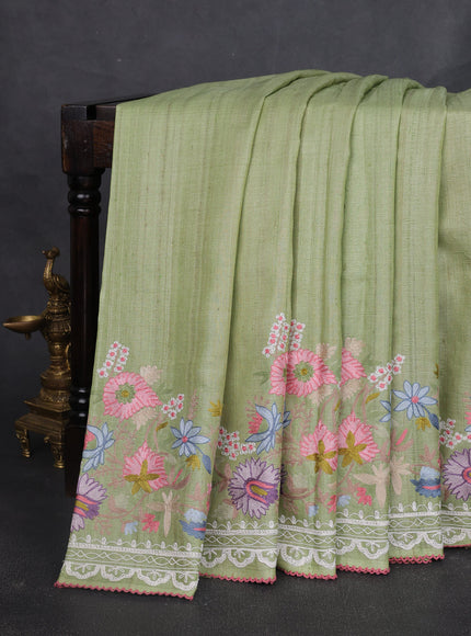 Pista Green  Tussar Embroidery Silk Saree