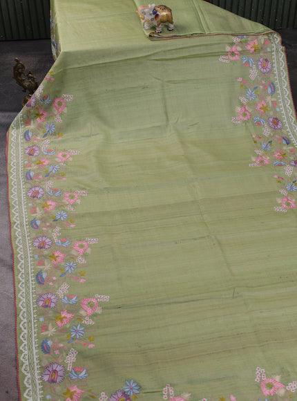 Pista Green  Tussar Embroidery Silk Saree