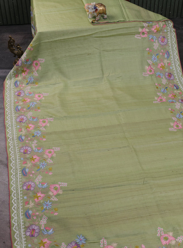 Pista Green  Tussar Embroidery Silk Saree