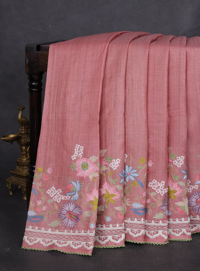 Peach Tussar Embroidery Silk Saree