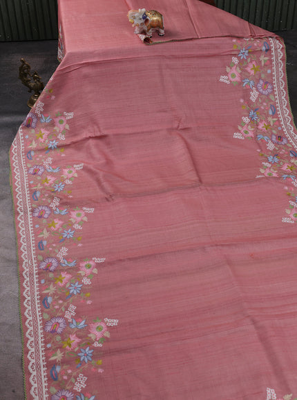 Peach Tussar Embroidery Silk Saree