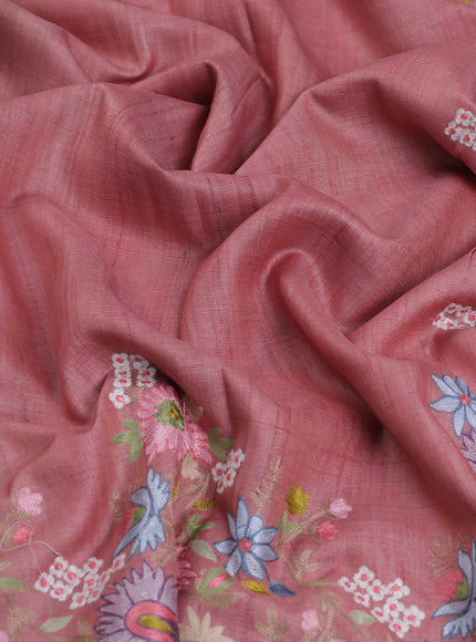 Peach Tussar Embroidery Silk Saree