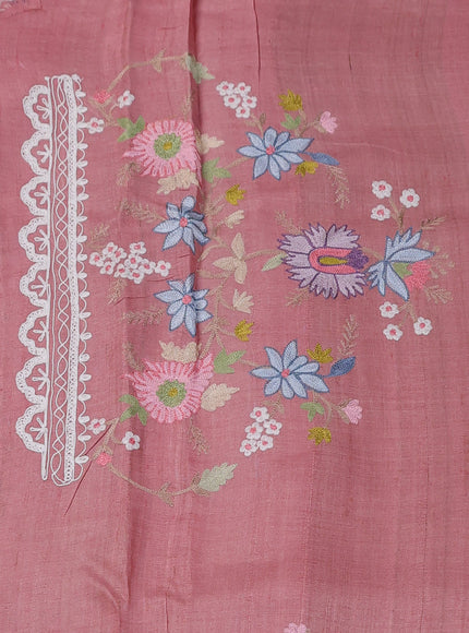 Peach Tussar Embroidery Silk Saree