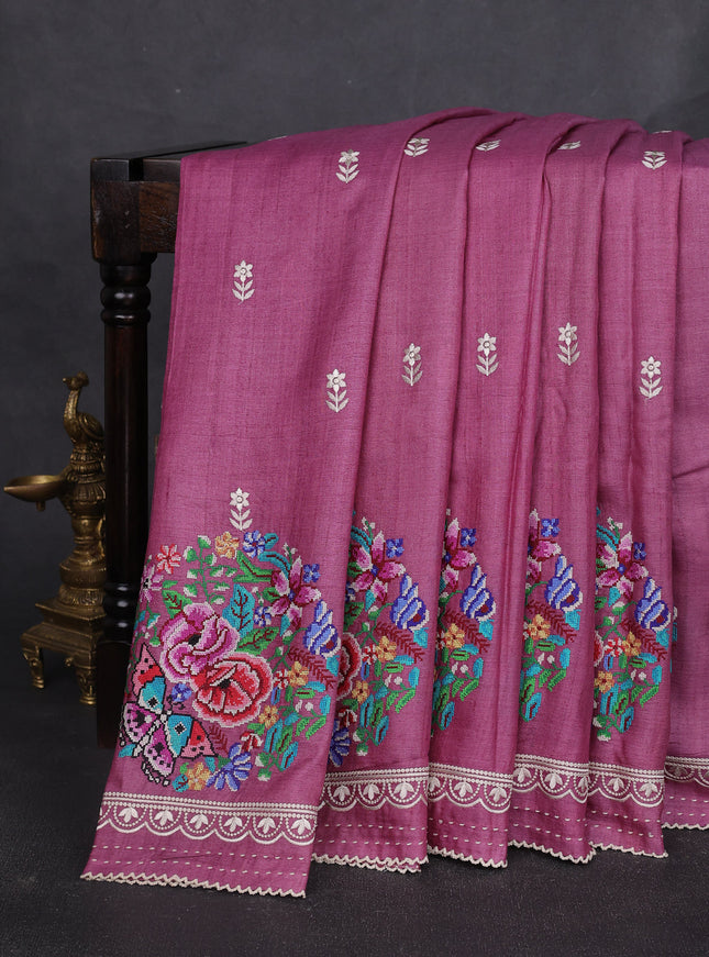 Mauve Pink Tussar Embroidery Silk Saree