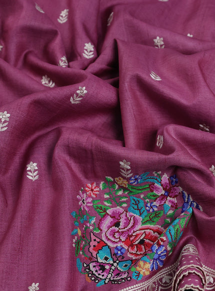 Mauve Pink Tussar Embroidery Silk Saree