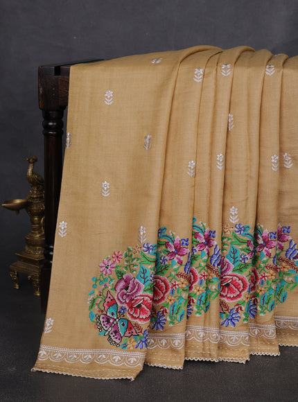 Sandal Tussar Embroidery Silk Saree