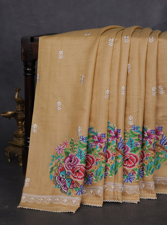 Sandal Tussar Embroidery Silk Saree