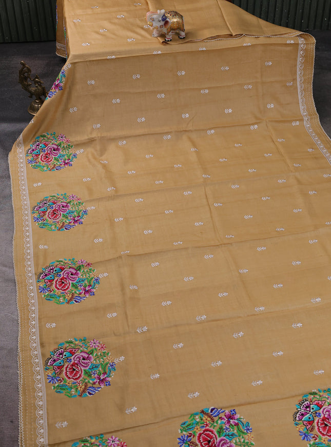 Sandal Tussar Embroidery Silk Saree
