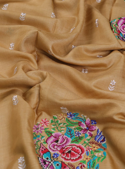 Sandal Tussar Embroidery Silk Saree