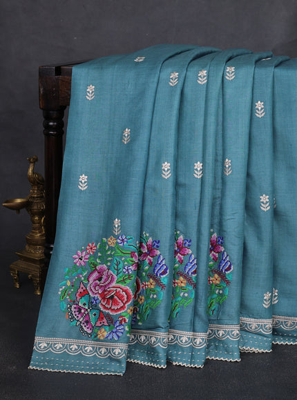 Turquoise Blue Tussar Embroidery Silk Saree