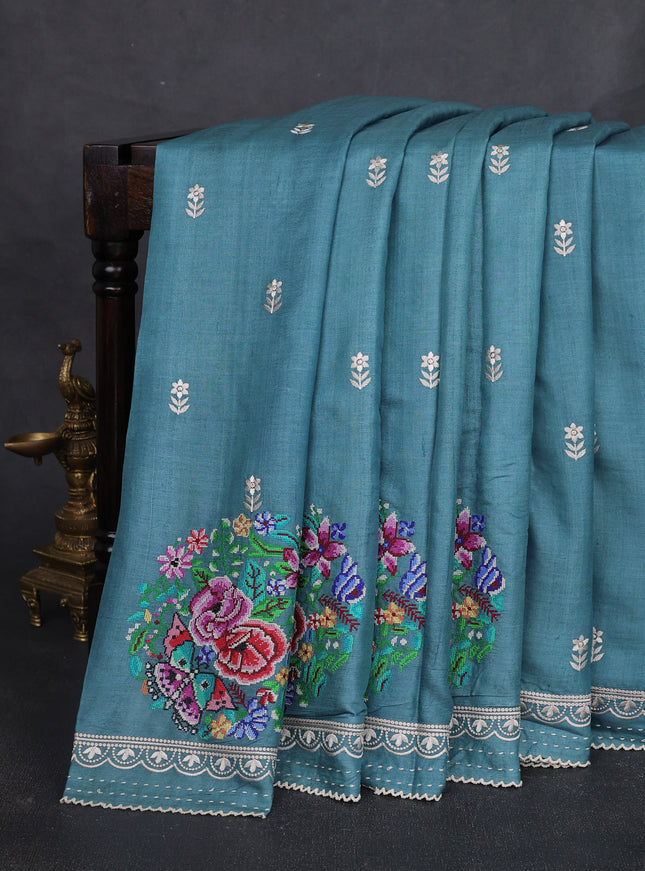 Turquoise Blue Tussar Embroidery Silk Saree