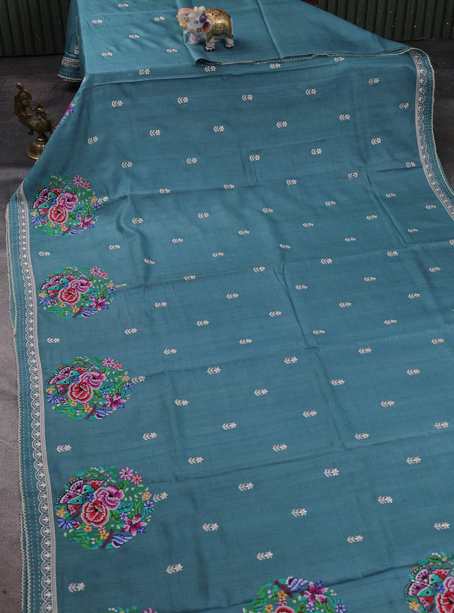Turquoise Blue Tussar Embroidery Silk Saree
