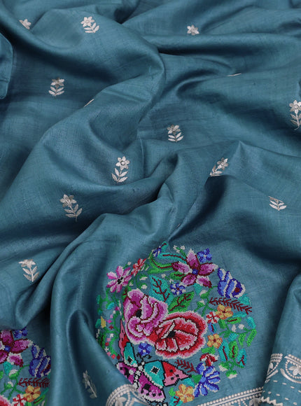 Turquoise Blue Tussar Embroidery Silk Saree