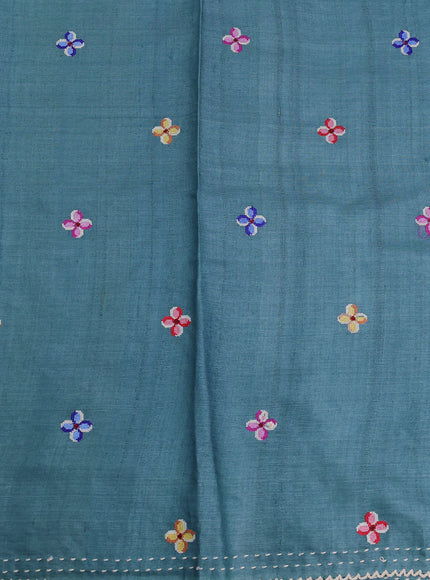 Turquoise Blue Tussar Embroidery Silk Saree
