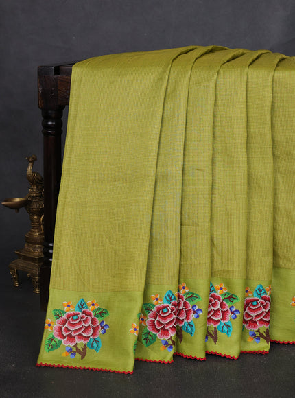 Lime Green Tussar Embroidery Silk Saree