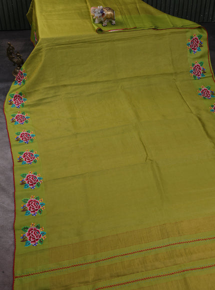 Lime Green Tussar Embroidery Silk Saree