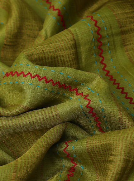 Lime Green Tussar Embroidery Silk Saree