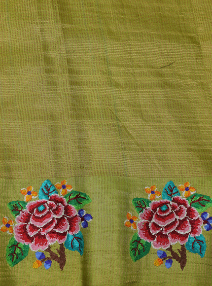 Lime Green Tussar Embroidery Silk Saree