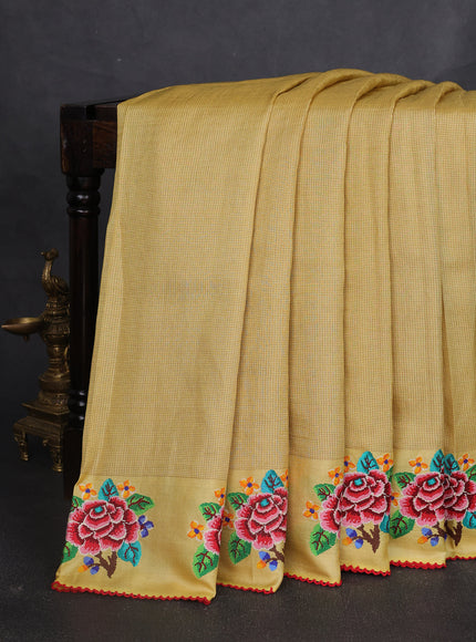 Yellow Tussar Embroidery Silk Saree