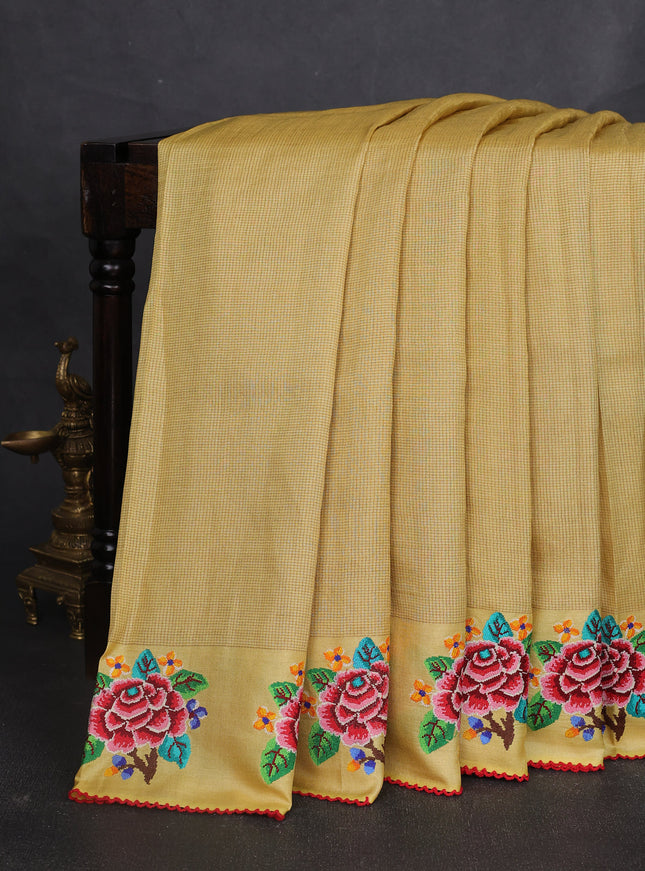 Yellow Tussar Embroidery Silk Saree
