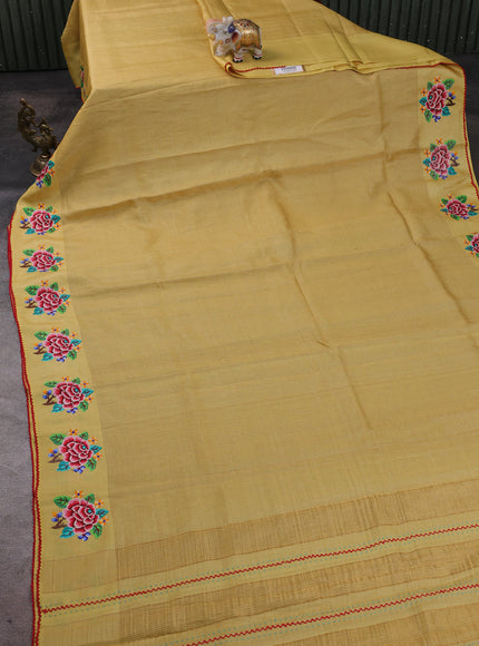Yellow Tussar Embroidery Silk Saree
