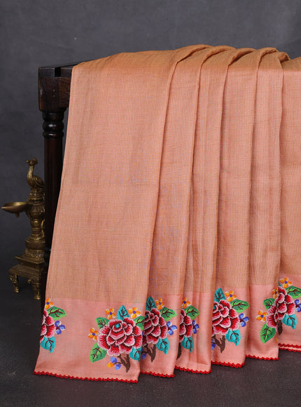 Peach Tussar Embroidery Silk Saree