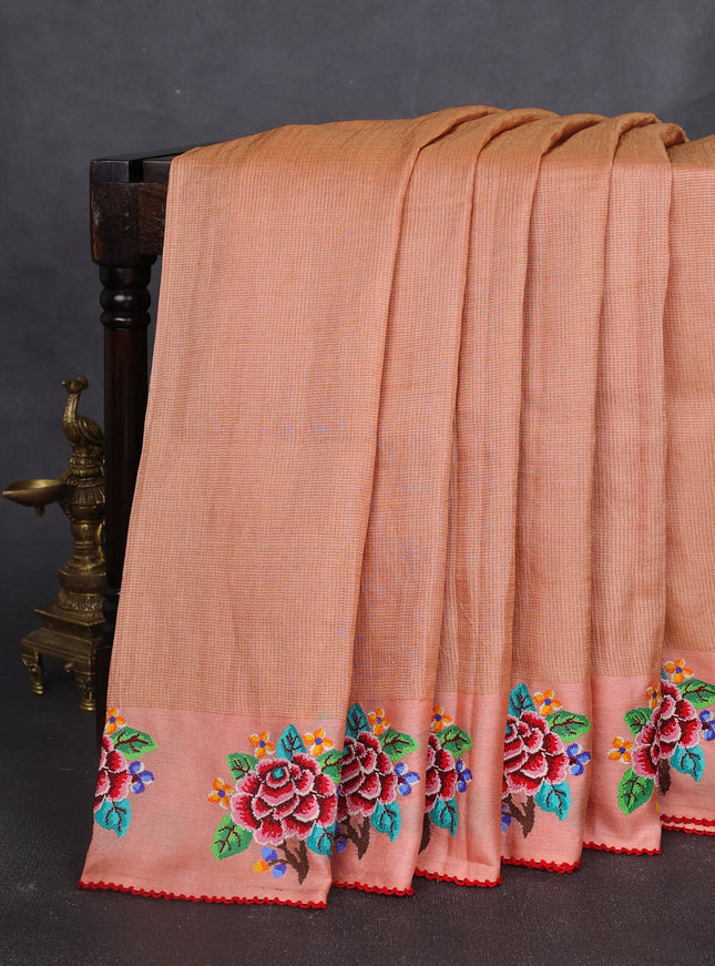 Peach Tussar Embroidery Silk Saree