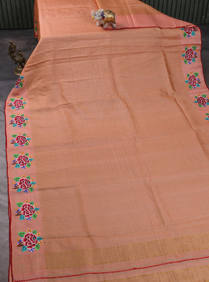 Peach Tussar Embroidery Silk Saree