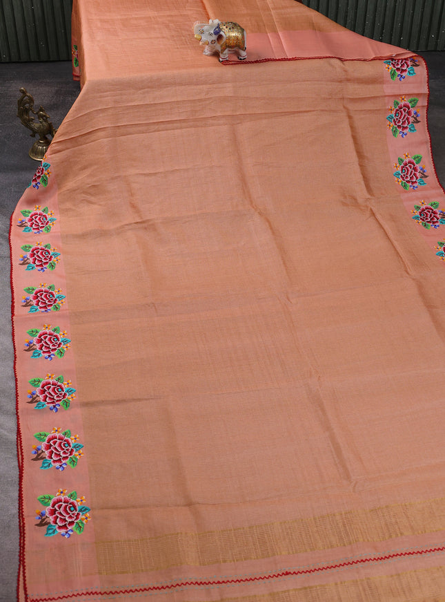 Peach Tussar Embroidery Silk Saree