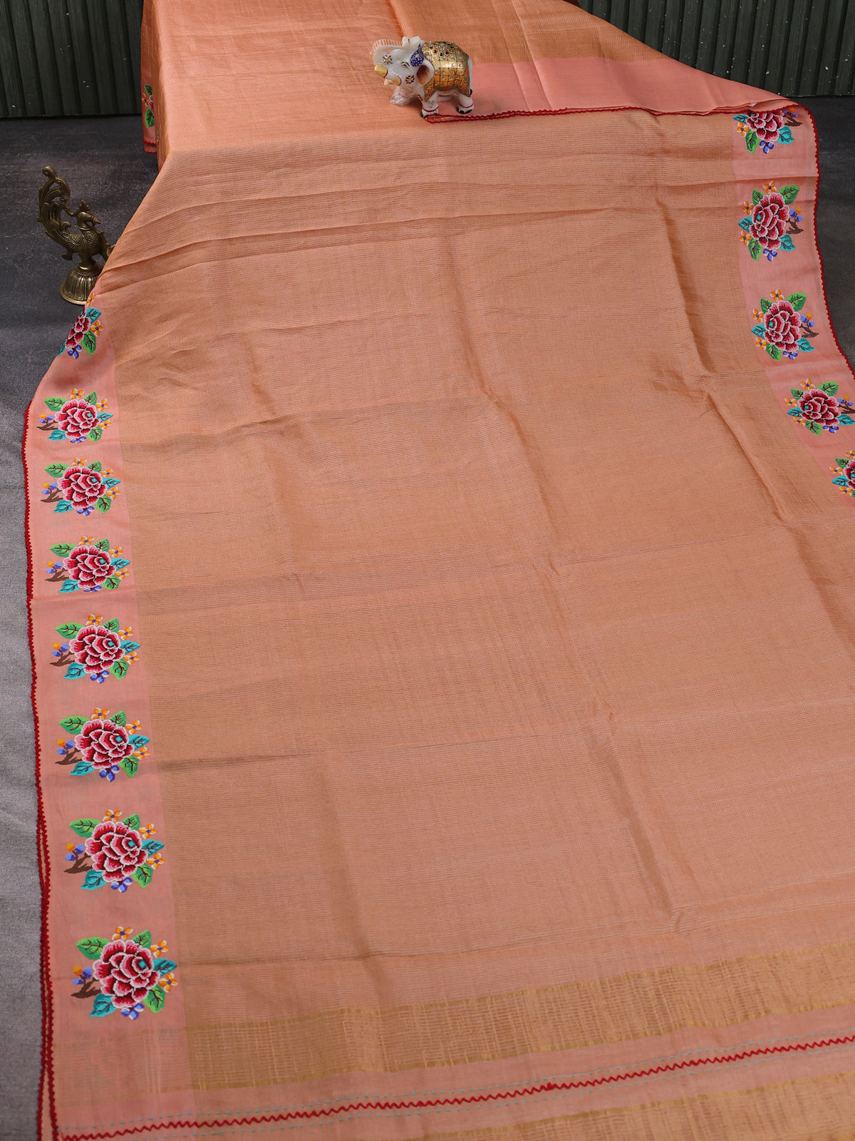 Peach Tussar Embroidery Silk Saree