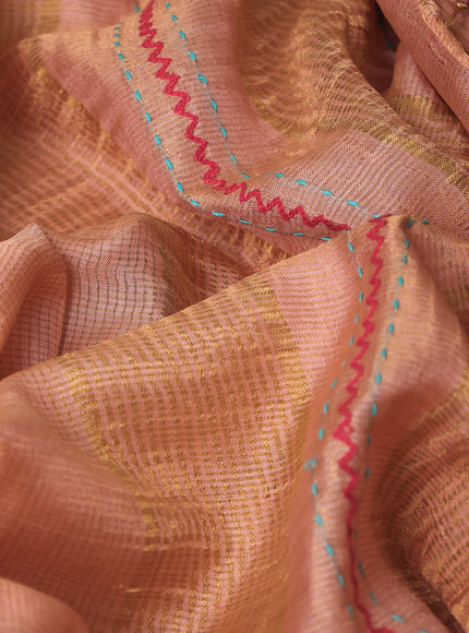 Peach Tussar Embroidery Silk Saree