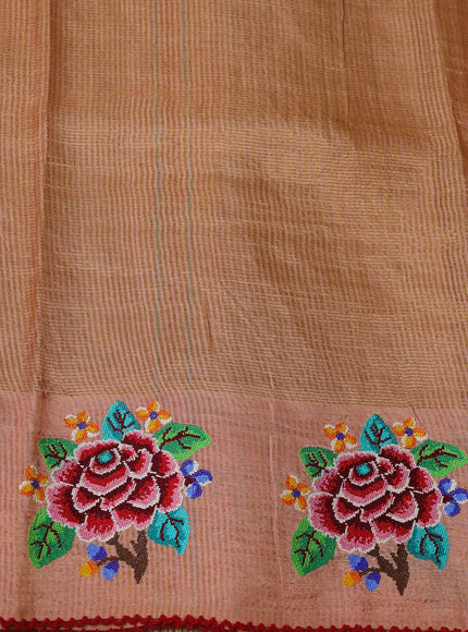 Peach Tussar Embroidery Silk Saree