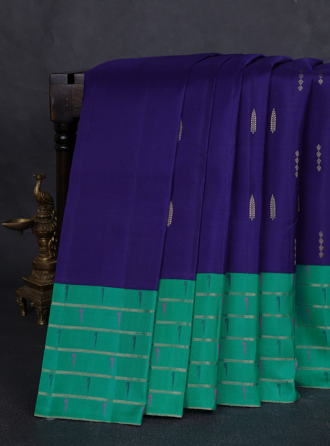 Blue - Teal Green Pure Kanchipuram Silk Saree