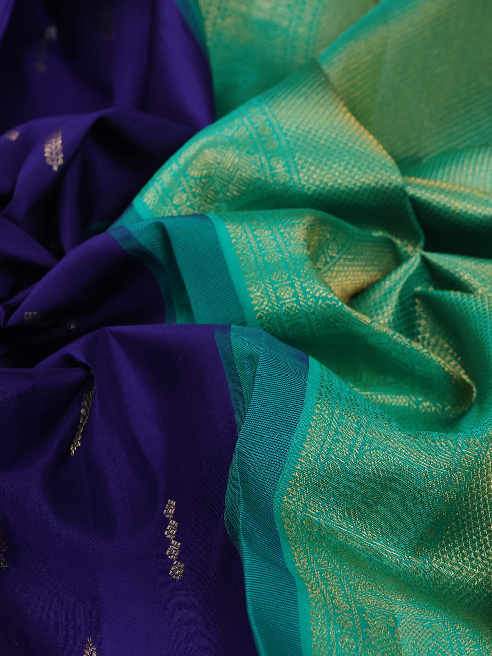 Blue - Teal Green Pure Kanchipuram Silk Saree