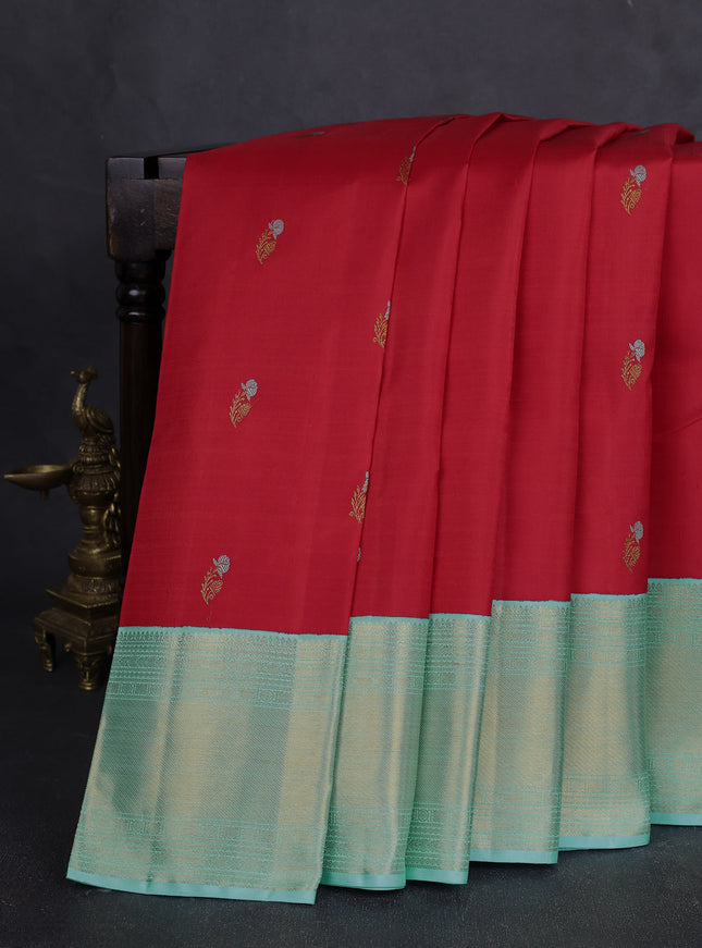 Red - Aque Blue Pure Kanchipuram Silk Saree