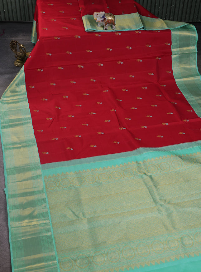 Red - Aque Blue Pure Kanchipuram Silk Saree